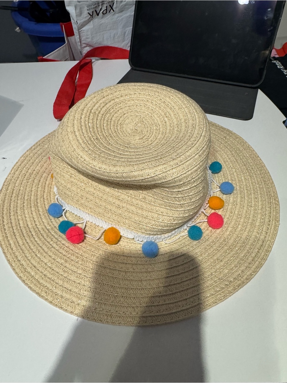 Capelli of New York Beige Straw Sun Hat with Multicolor Pom Poms